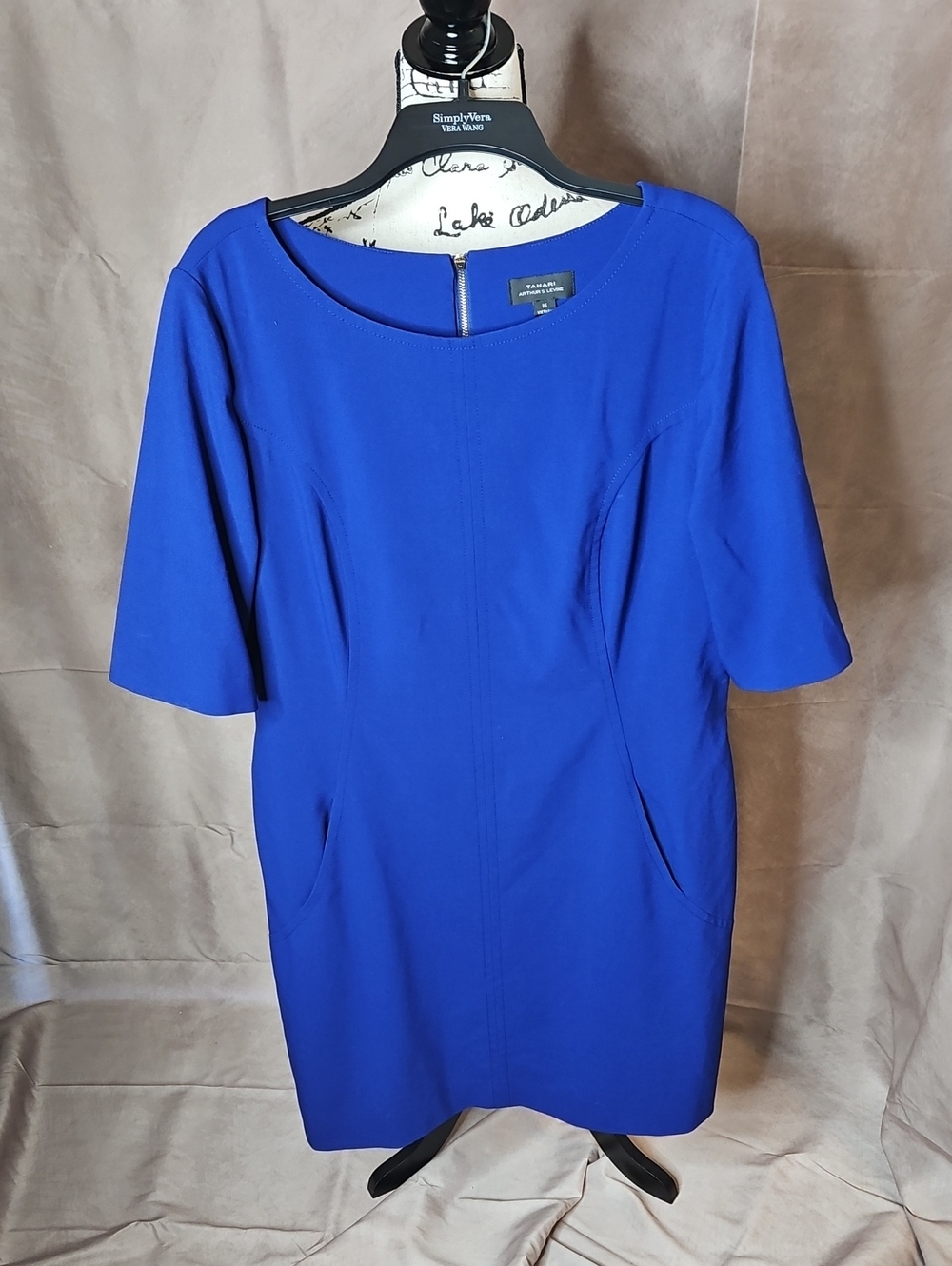 Tahari ASL Royal Blue Short Sleeve Sheath Dress Pockets Size 16